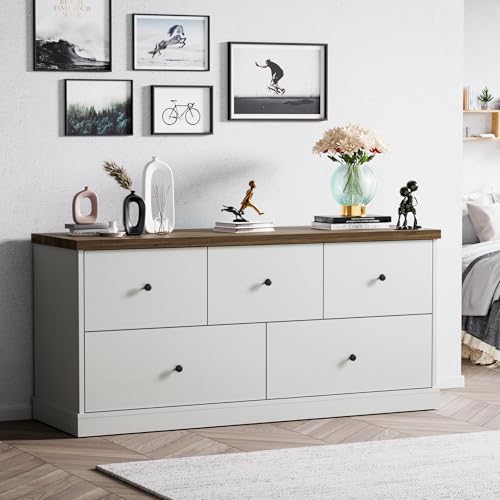 Image of JUMMICO Wooden Dresser for Bedroom, Wide Chest of Drawers with 5 Drawers, Modern Minimalist Design for Bedroom, Living Room, Hallway, and Entryway (White)