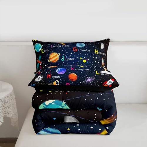 Image of Feelyou Alphabet Outer Space Astronaut Bedding Set Full Size, ABC Planet Comforter Set Kids Toddler Galaxy Comforter ABC Alphabet Learning Duvet Set Durable Bed Set 3Pcs