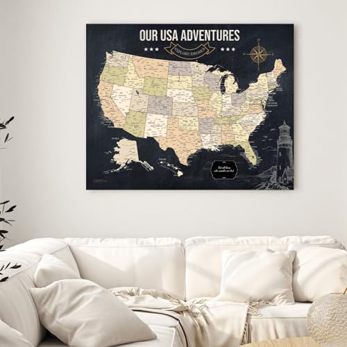 Image of IPIC - Vintage USA Travel Map, Pin Board Canvas Wall Art, Travel Map with Pins Included, Ready to Hang for Home or Office, 30x24 Inch