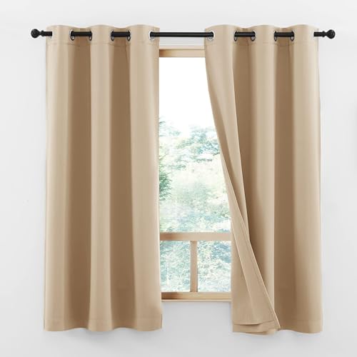 Image of NICETOWN Bedroom Full Blackout Curtain Panels, Super Thick Insulated Grommet Cold Reducing Drapes, Double-Layer Blackout Draperies for Small Window (Set of 2 Pcs, 42 by 63-inch, Warm Beige)
