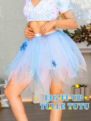Ushiny Weihnachts Tutu Rock mit Beleuchtung Blauer Weihnachts LED Tüllrock Wachsende Schneeflocke Festival kostüm Rave Outfit für Frauen