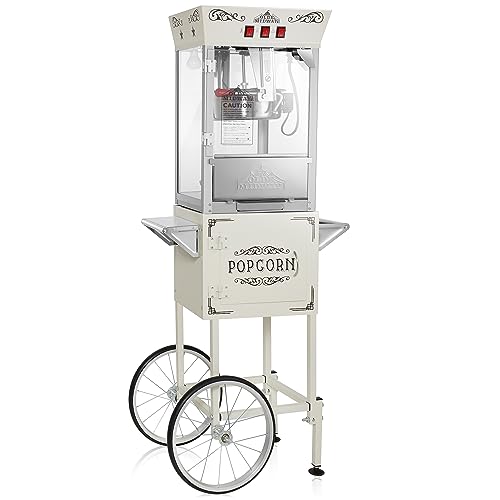 Olde Midway Movie Theater-Style Popcorn Machine Maker with Cart and 10-Ounce Kettle - Cream, Vintage-Style Popper on Wheels