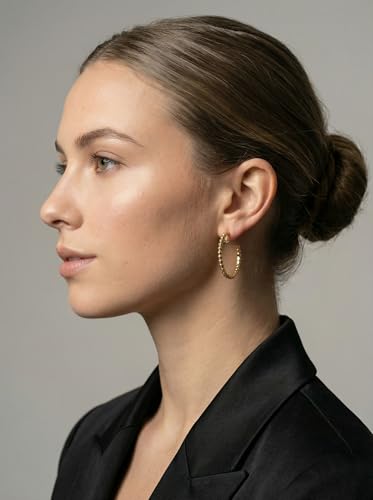 Image of FAN&LOUIS 24K Gold Plated Hoop Clip On Earrings for Women, Gold Beaded Hoop Trendy Hypoallergenic Non Pierced Earrings Painless Lightweight 38mm Clip-On Earrings