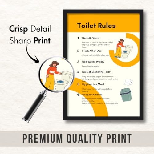 Image of Toilet Rules Wall Frame Poster | Washroom Etiquette Decor for Home, Office | A4 Size | Framed Hygiene Sign | Useful Housewarming Gift for Cafe, Restaurants & Public Spaces