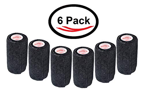 Image of 4 Inch Vet Wrap Tape Bulk (Black) (Pack of 6) Self Adhesive Adherent Adhering Flex Bandage Grip Roll for Dog Cat Pet Horse