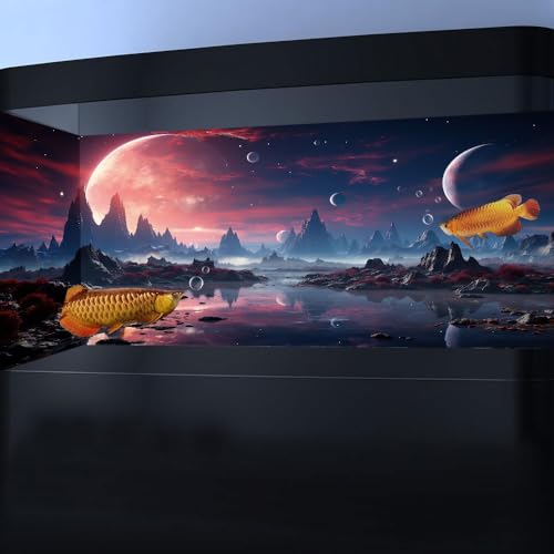 Image of 24X12IN Cosmic Spaceterrarium Background, Cool Parallel Space Themed Aquarium Reptile Habitat Background, Red Moon Aquarium Background with 10EVA Double-Sided Tape