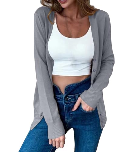 SVALIY Cardigan Sweaters for Women Lightweight Open Front Sweater Knit Long Cardigans Button Fall Outfits Grey S