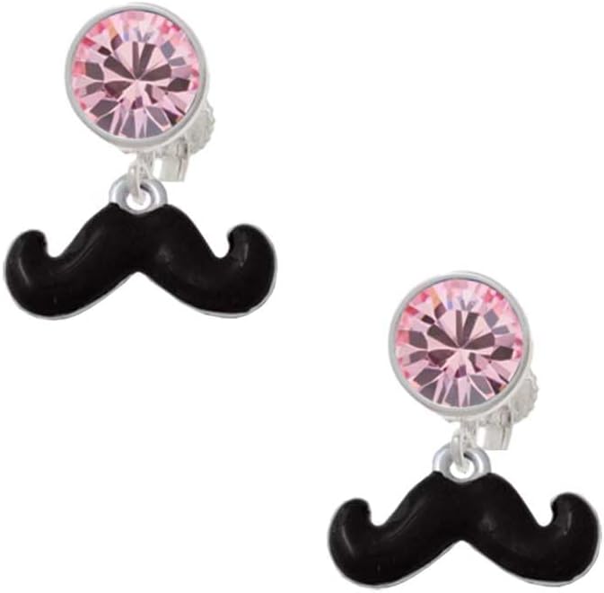Delight Jewelry Silvertone Small Black Enamel Mustache - Large Crystal Clip on Earrings