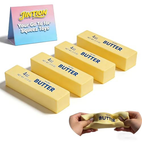 Slow Rising Butter Squishy Bread Fidget Toys Food Shaped Squeeze Balls for Stress Relief Crunchy Sticky Swuishy Big Bun Cute Hard Satisfying for Kids Teen Girls Sunny Days (4PCS Butter Stick)