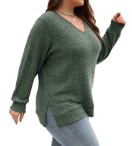 Gloria&Sarah Women's Casual Long Sleeve V Neck Lightweight Knitted Sweaters Loose Fit Plus Size Tunic Tops L-4XL4