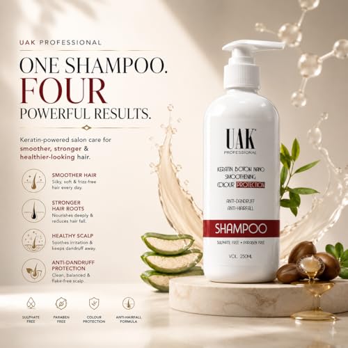 Image of UAK Professional Keratin Shampoo for Smooth & Frizz Control Hair | Salon Professional Hair Care | Helps Repair Dry & Damaged Hair | Color Safe | For Men & Women | 250 ml