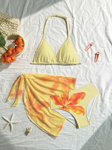 Image of SEGT Girl's 3 Piece Striped Bikini Swimwear Cute Swimsuits Bathing Suit High Waisted with Cover Up Beach Skirt