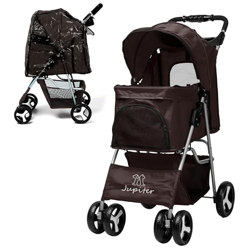 JupiterJX Dog Stroller with Rain Cover, Pet Pram for Small Medium Dogs, Dog Buggy with Storage Basket Cup Holder, Cats Dogs Pushchair, Foldable Pet Pram for Cats Puppies (Brown with Rain Cover)