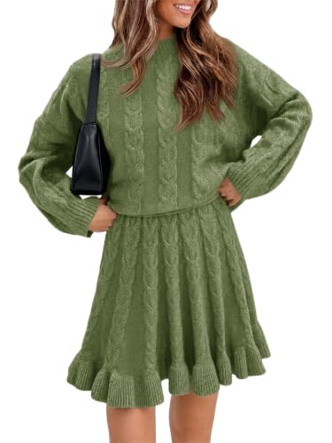 Tankaneo Womens 2 Piece Sweater Skirts Set Chunky Cable Knit Ruffle Skirt