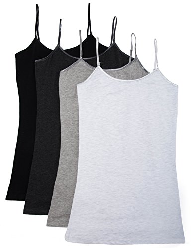 Caramel Cantina 4 Pack Juniors Long Length Basic Cami (Large, Black/Charcoal/Mhg/Hg)