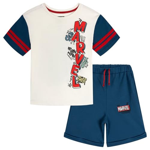 Image of Marvel Avengers Big Boys' 2-Piece T-Shirt and Shorts Set Ivory Blue 10-12 | 100% Cotton, Contrast Raglan Sleeves, Puff Screenprint Logo, French Terry Shorts with Pockets