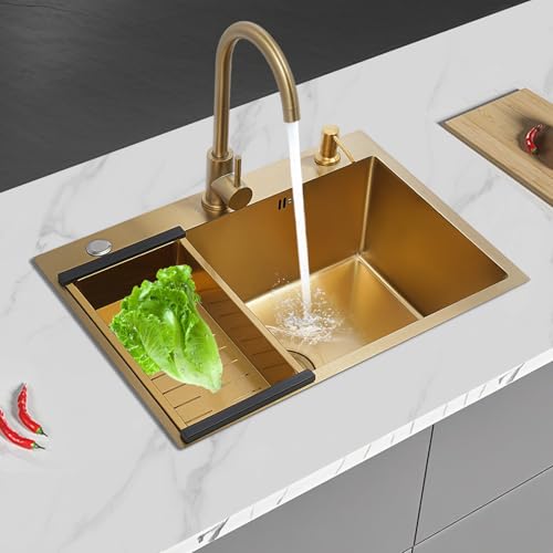 WFIETN Évier de cuisine doré, 60 x 45 x 20 cm, 1 bac multifonction en acier inoxydable, plan de travail/encastré, pour appartements, hôtels, restaurants