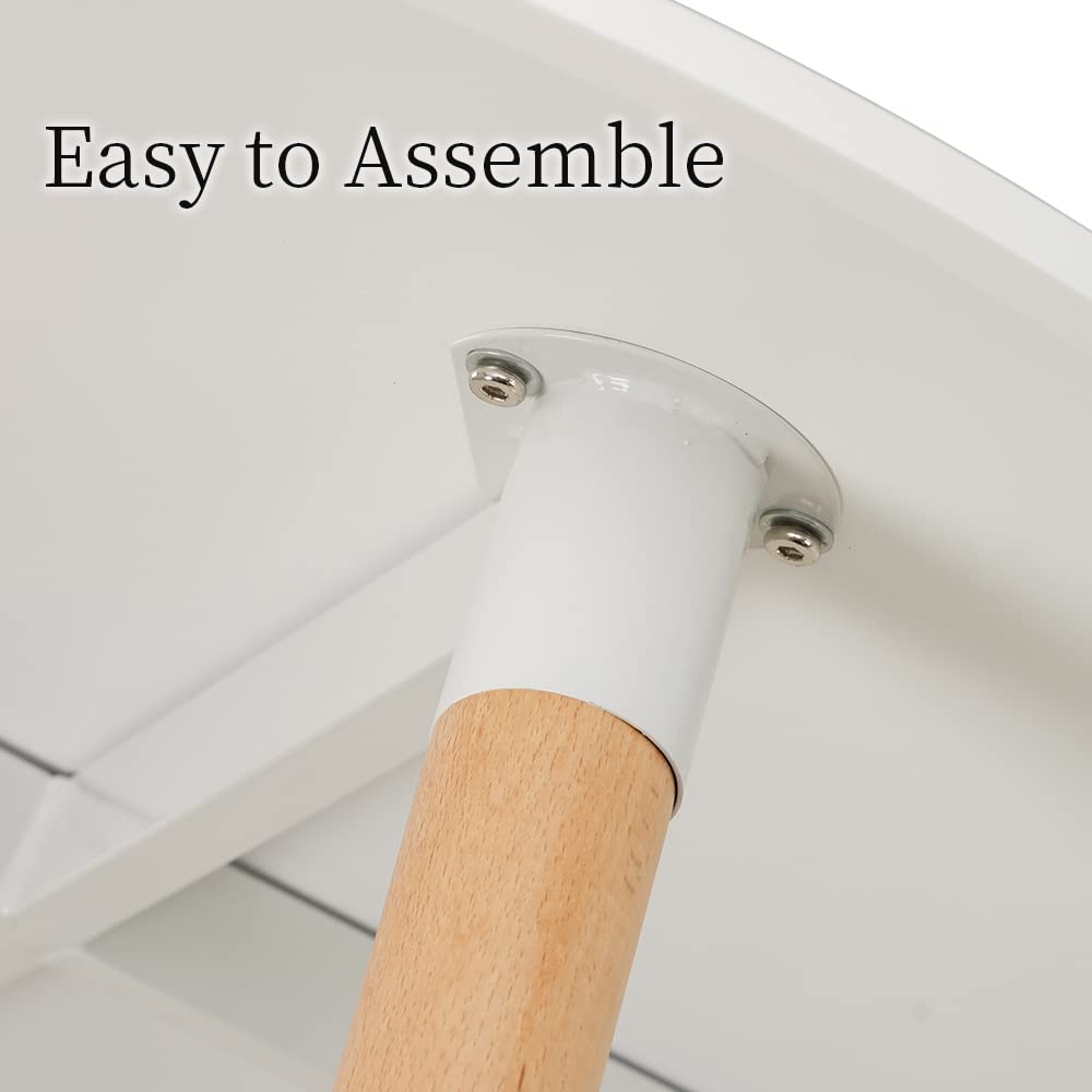 Tavolo da pranzo rotondo moderno Mid Century, bianco, con gambe in legno massello, 90 cm, per il tempo libero