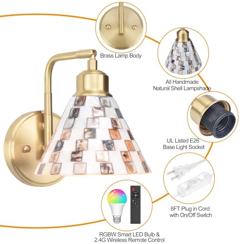 Image of Natural Seashell Mosaic Lampshade Modern Brass Wall Sconce with Remote Control LED Bulb, Plug-in Bedside Wall Light, Adjustable Brightness Temperature for Living Room, Bedroom, Hallway, Foyer