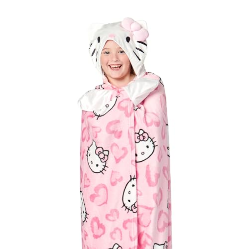 Sanrio Hello Kitty Hooded Throw Blanket Soft Silk Touch Poncho Cape Plush Blanket with Character Hood Cozy and Lightweight 40x50 inches