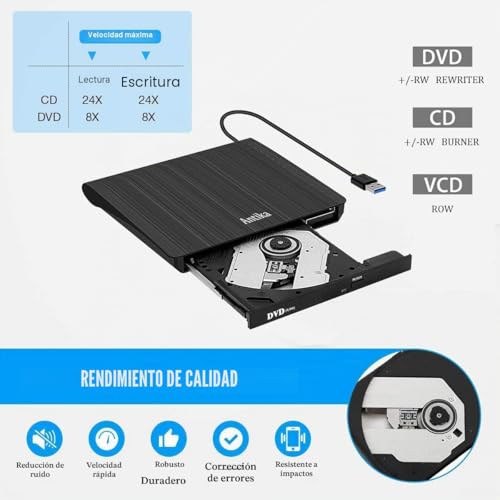 Antika Grabadora de DVD/CD +/-RW, Unidad Externa USB 3.0, Dispositivo Lector de Tarjetas portátil Ultrafino Compatible con Laptop,Desktop,PC Mac/OS/XP/Vista/Win11/Win10/Win8 (Black3.0) - Imagen 5