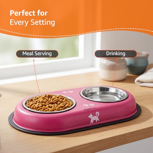 Image of Amazon Basics Stainless Steel Pet Feeding Bowls with Plastic Tray| Anti Slip Base | 230 ml Each
