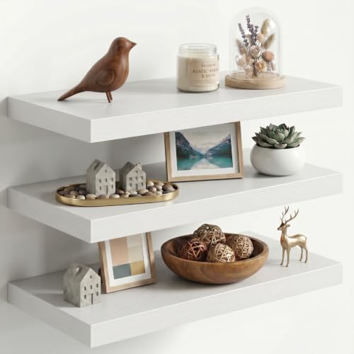 Image of Fun Memories 24 Inch Floating Shelves for Wall, 12 inch Deep Extra Thick Wood Shelves with Invisible Bracket, Large Wall Mounted Storage Shelf for Living Room Bedroom Kitchen, White, Set of 3