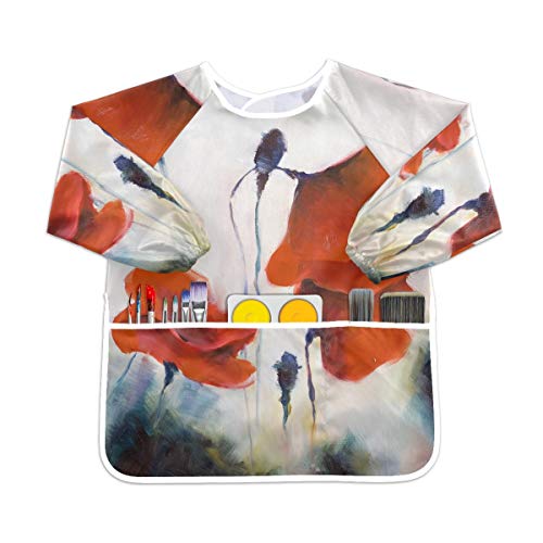 水彩抽象赤い花幼児用キッズスモック子供用防水エプロンアートペインティングスモックよだれかけ3ポケット付き