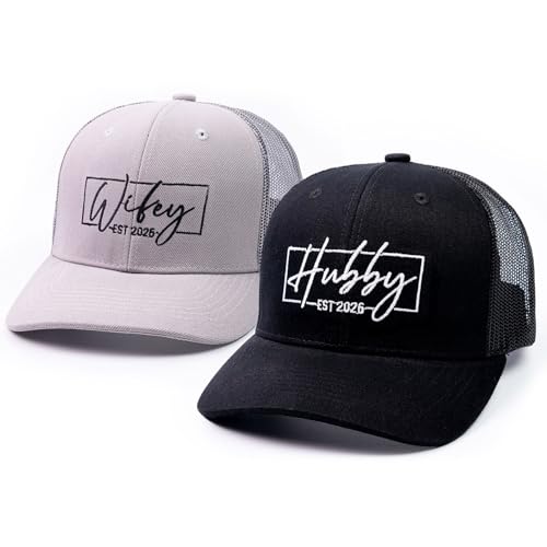 68LDROOTER Hubby & Wifey EST 2026 Trucker Hat Set – Matching Hats for Couples, Bridal Shower Gifts, Wedding Keepsakes, Newlywed for Him & Her