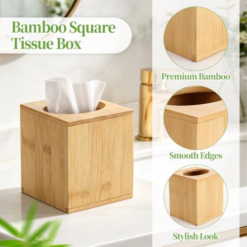 WSBArt 2PCS Bamboo Disposable Face Towel Holder with Tissue Box Cover, Open-Top Skin Care Organizer, Bathroom Countertop Vanity Storage for Facial Towels and Daily Paper Tissues - 5