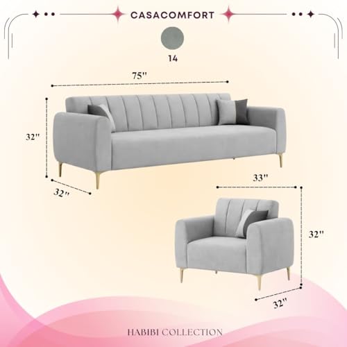 Image of Habibi Rich Velvet Suede 3+1+1 Seater Sofa Set | Spacious Soft Touch Comfort Seating | 5 Person Seating | Modern Living Room Sofa Set (Light Gray)
