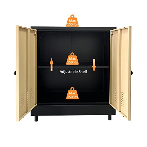 Jinkur Metal Storage Cabinet With 2 Doors And Adjustable Shelf, Steel Accent Sideboard Buffet Cabinet For Home, Office, Entryway, Hallway, Living Room, Kitchen And Dining Room (Black/Walnut) #TOP5