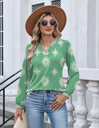 AKEWEI Blouses for Women Dressy Casual V Neck Blouse Cute Shirts Boho Floral Raglan Tunics Spring Tops Green White Flower XL — view 5