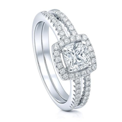 BERRICLE Sterling Silver Halo Wedding Engagement Promise Rings Stackable Band for Her, Cushion Cut Cubic Zirconia CZ Ring Set