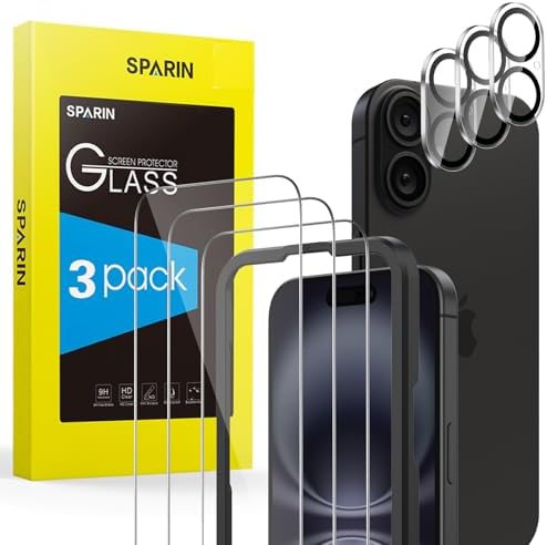 SPARIN Panzer Schutz Glas für iPhone 16, 3+3 Stück | Anti- Kratzer, Bläschenfrei, 3 Schutzfolie und 3 Kameraschutz, Einfache Installationshilfe