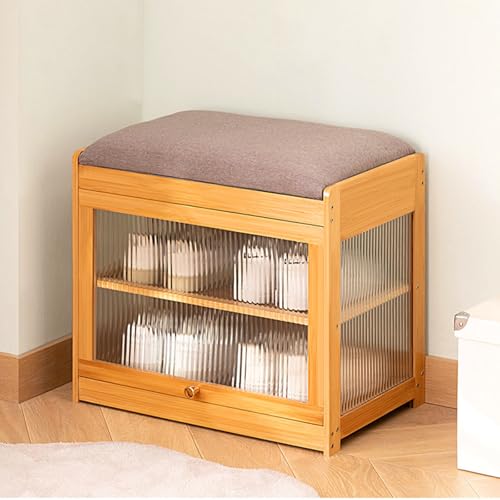 Zapatero de bambú para entrada, banco de almacenamiento de zapatos de 2 niveles con cojín de piel sintética, soporte compacto de madera para pasillo, puerta delantera, orga, 16.9 x 19.6 x 12.5