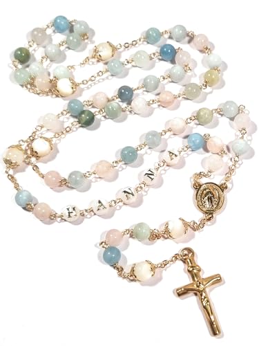 Chapelet personnalisé prénom, perles de morganite et nacre, bijou artisanal