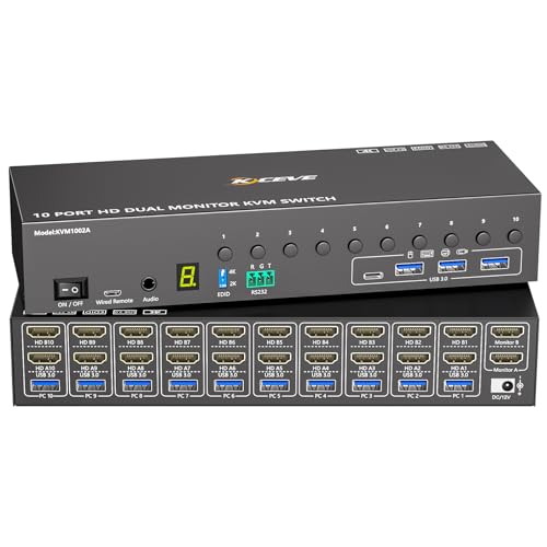 10 Port HDMI KVM Switch 2 Monitors 10 Computers 4K@60Hz EDID Simulation,Dual Monitor KVM Switch with 4 USB 3.0 Ports for Keyboard Mouse Printer,Audio RS232,with Controller,12V Power and 10 USB Cables