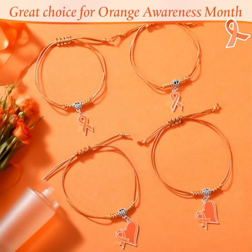 12/24/48 Pcs Orange Leukemia Awareness Bracelets Bulk Adjustable Orange Ribbon Multiple Sclerosis Bracelets Leukemia Awareness Gifts for Men Women Cancer Survivor Fighter Jewelry3