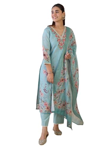 Image of INDO ERA Women's Straight Linen Floral Printed Embroidered Kurta & Pant with Dupatta Set