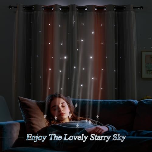Image of indistar Dreamy Star Cutout Blackout Curtains with White Sheer,Double Layer Curtains for Girls Bedroom, Hollow Out Drapes for Nursery (2 Panel,52Wx84L,Pink Grey)