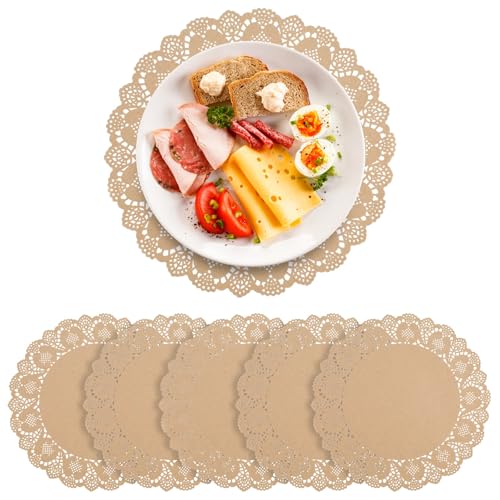 LYDODOKA Lot de 100 sets de table ronds en papier de 34,3 cm, napperons en papier rustique, napperons en papier pour nourriture, gâteaux, travaux manuels,...