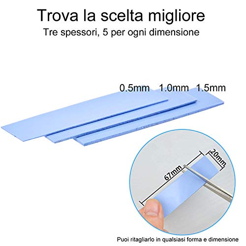 E-Futura Pad Termico in Silicone Spesso 3 [3 x 5 Confezioni] 15 Pad Termici a Doppia Faccia con Una Potenza di CPU SSD GPU LED IC chipset Raffreddamento, Blu