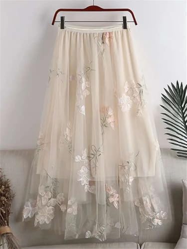 Women's Midi Skirt Vintage Weekend Travel Embroidered Double Gauze Elastic High Waist Long Skirts3