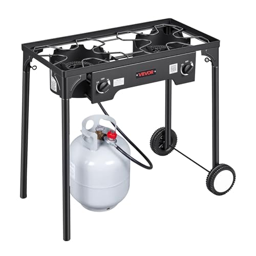 Image of VEVOR 2 Burner Outdoor Propane Gas Stove, 150,000 BTU Propane LPG Gas Camping Stove, Heavy-duty Carbon Steel Outdoor Cooker, with 2 Wheels & 20 PSI Regulator & Hose, for BBQ Camp Home Patio Backyard