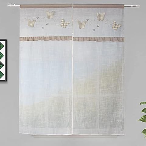 Pair of White Linen Polyester Window Curtains with Embroidery Shabby Chic Lattice Curtain 3D Butterfly Kitchen Curtain 60 x 150 cm Beige Cover