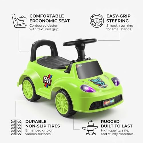 Image of Kids Ride On Green Car for Toddlers with Steering Wheel & Backrest | Foot to Floor Baby Push Car | Indoor Outdoor | Strong Wheels & Comfortable Seat | Racing Design for Boys & Girls (1-3 Years)