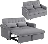 Lin-Utrend 55'' Convertible Loveseat Sofa Couch with Pull-Out Sleeper,3-in-1 Modern Love seat Couch Bed and 2 Pillows,Velvet 2 Seater Couch Bed (Grey) (sofa bed- 001)