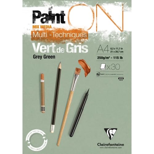 Lot de 4 Bloc encollé de 30 feuilles de papier Paint ON Mix Media Vert de Gris, 250 g/m², A4