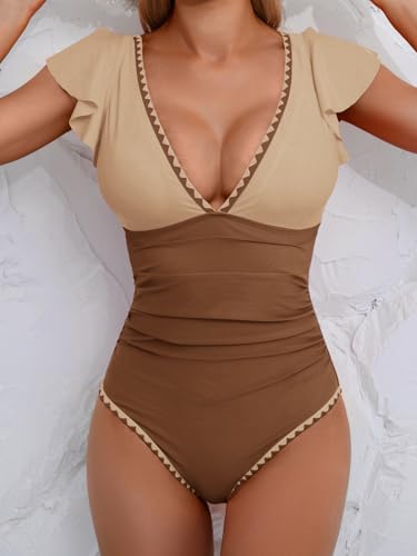 Image of Aidonger Women's One Piece Ruffle Swimsuit Tummy Control Bathing Suit V Neck Shell Stitched Swim Suit Slimming Swimwear